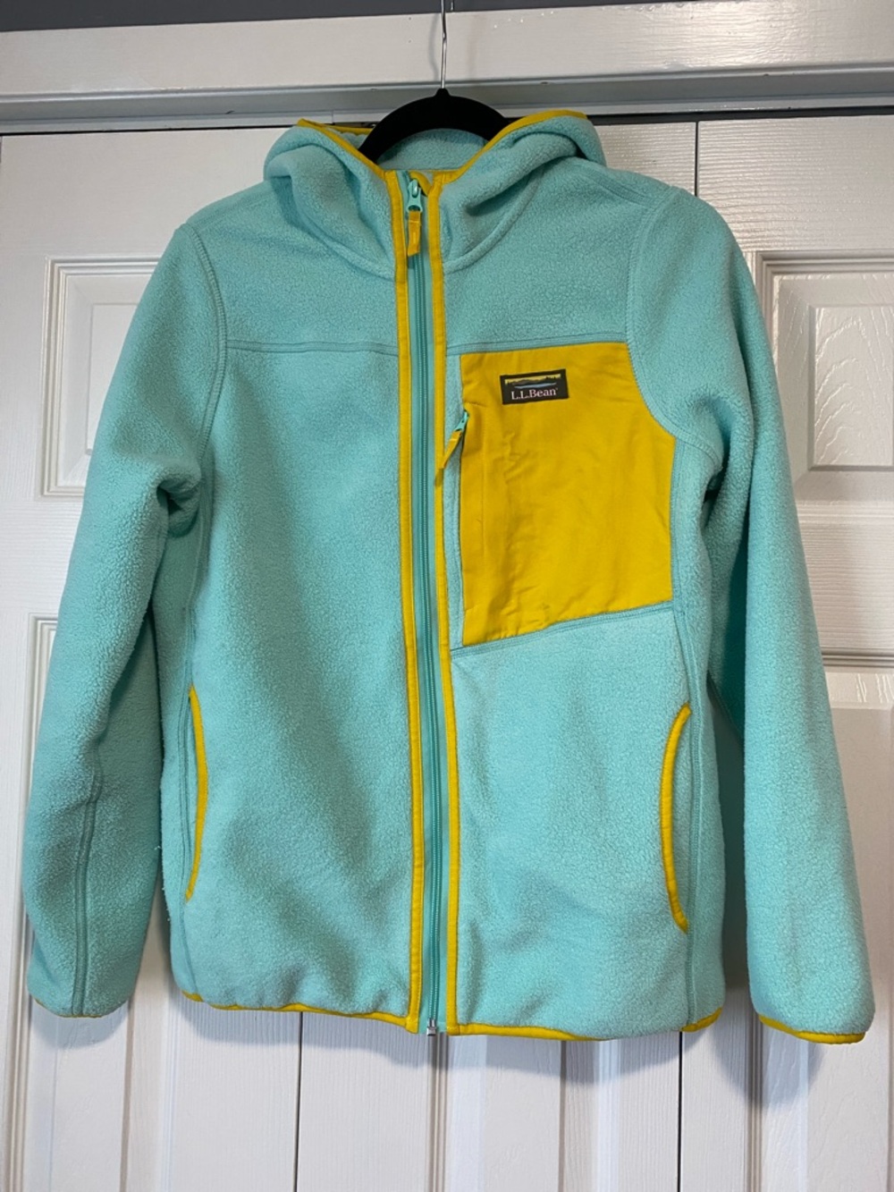 L.L. Bean Aqua Fleece Zippered Hoodie with Yellow Chest Pocket Size S